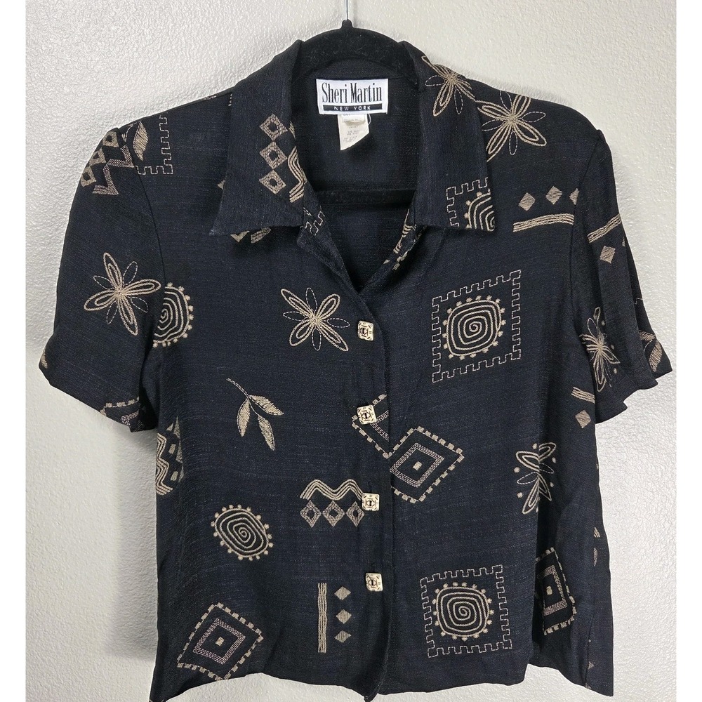 Vintage Sheri Martin New York Blouse Womens 6 Black Abstract Button Front USA...